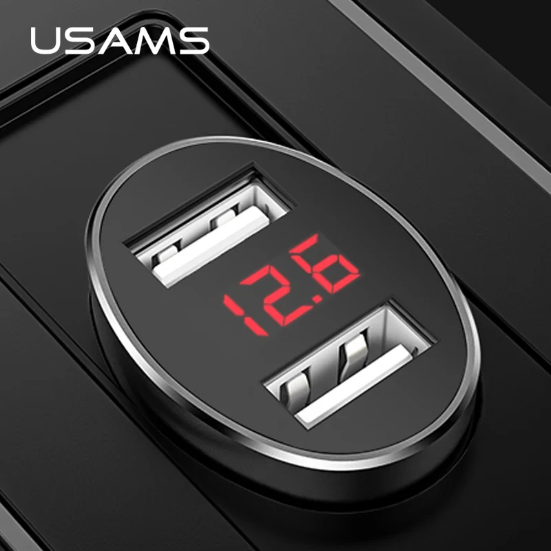 Автомобильное зарядное устройство USAM двойное автомобильное usb-устройство для зарядки телефона светодиодный дисплей USB зарядное устройство для samsung Xiaomi huawei универсальное USB зарядное устройство для телефона планшета