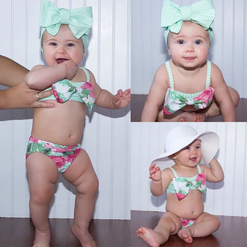 

1-6Year's Children Swimsuit 2Pcs Bikini Set 2018 Summer Kids Baby Girl Bikini Set Halter Bowknot Striped Swimwear Bathing Suits