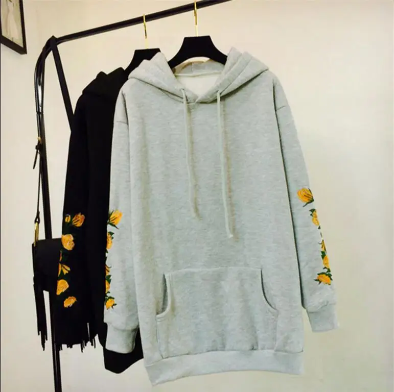 new long section of winter hoodies flower embroidered sleeves Sweatshirts women | Женская одежда