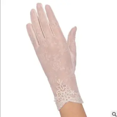 Beige Сексуальные летние женские короткие солнцезащитные перчатки с УФ-защитой от солнца, модные шелковые кружевные перчатки для вождения, тонкие женские перчатки с сенсорным экраном G02E - Цвет: Beige
