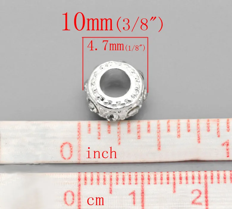 European Style Charm Zinc alloy Beads Round silver color Plated White Rhinestone About 10mm Dia Hole: Approx 4.7mm 1 Pc new | Украшения и - Фото №1