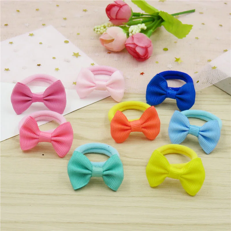 With Hair Ring 20 шт./лот, милые однотонные маленькие бантики, заколка для девочек, ручная работа, Детские эластичные резинки для волос, резинки на заколках, аксессуары для волос для детей - Цвет: With Hair Ring