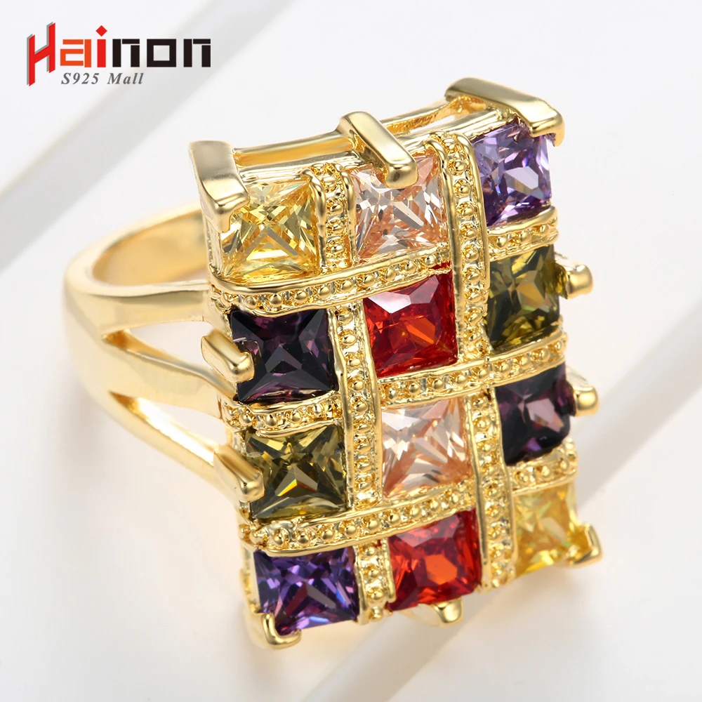 Кольцо Hainon золотое/серебряное цветное с фианитом модное квадратное роскошное