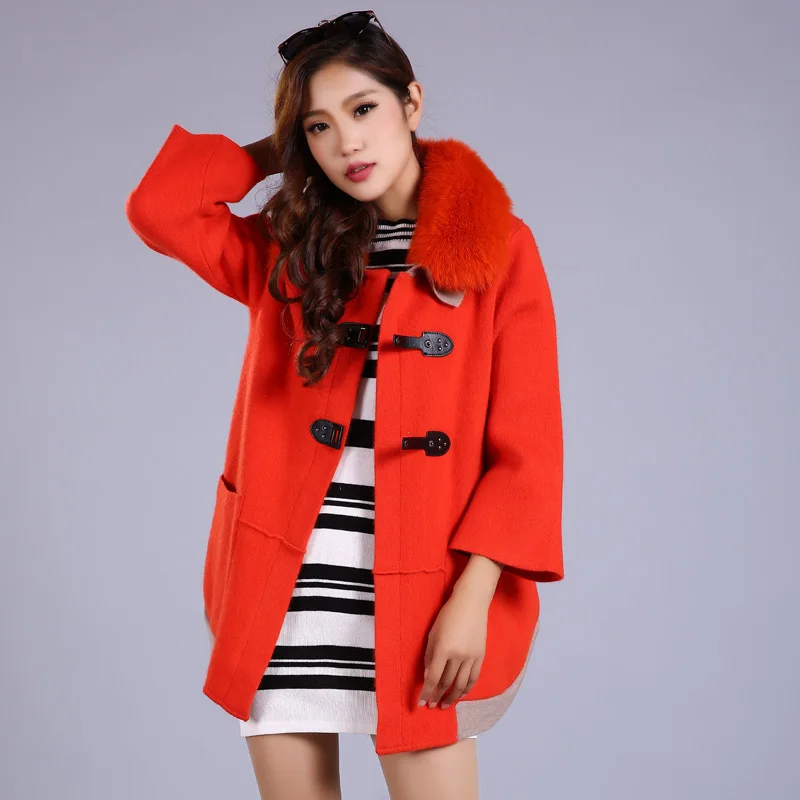 Женское двухстороннее шерстяное пальто Элегантное длинное с большим воротником