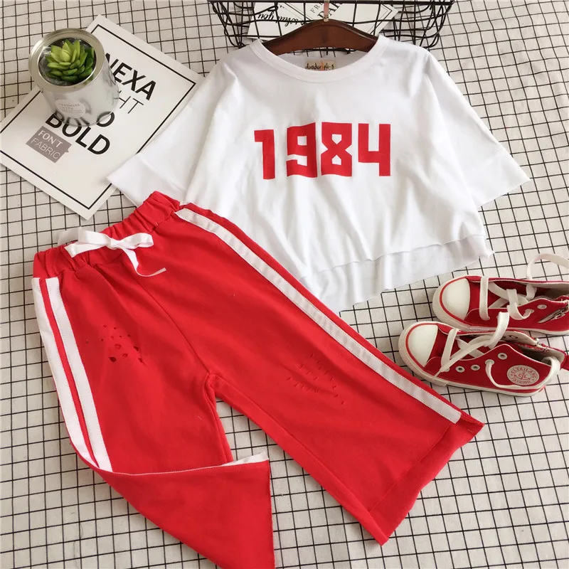 Девушка Костюм 2017 младенца лета малышей 2 шт. наборы детская мода хлопок футболки