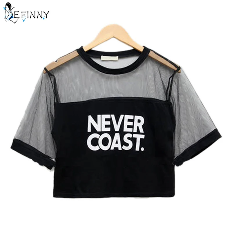 

Сексуальный женский Свободный укороченный топ, футболка с круглым вырезом, прозрачные марлевые топы, Популярные