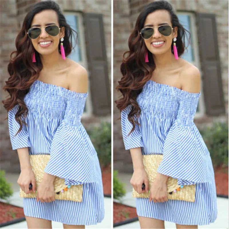 Летняя женская одежда off-the-shoulder мини-платье девушку Релаксация Лодка шеи с