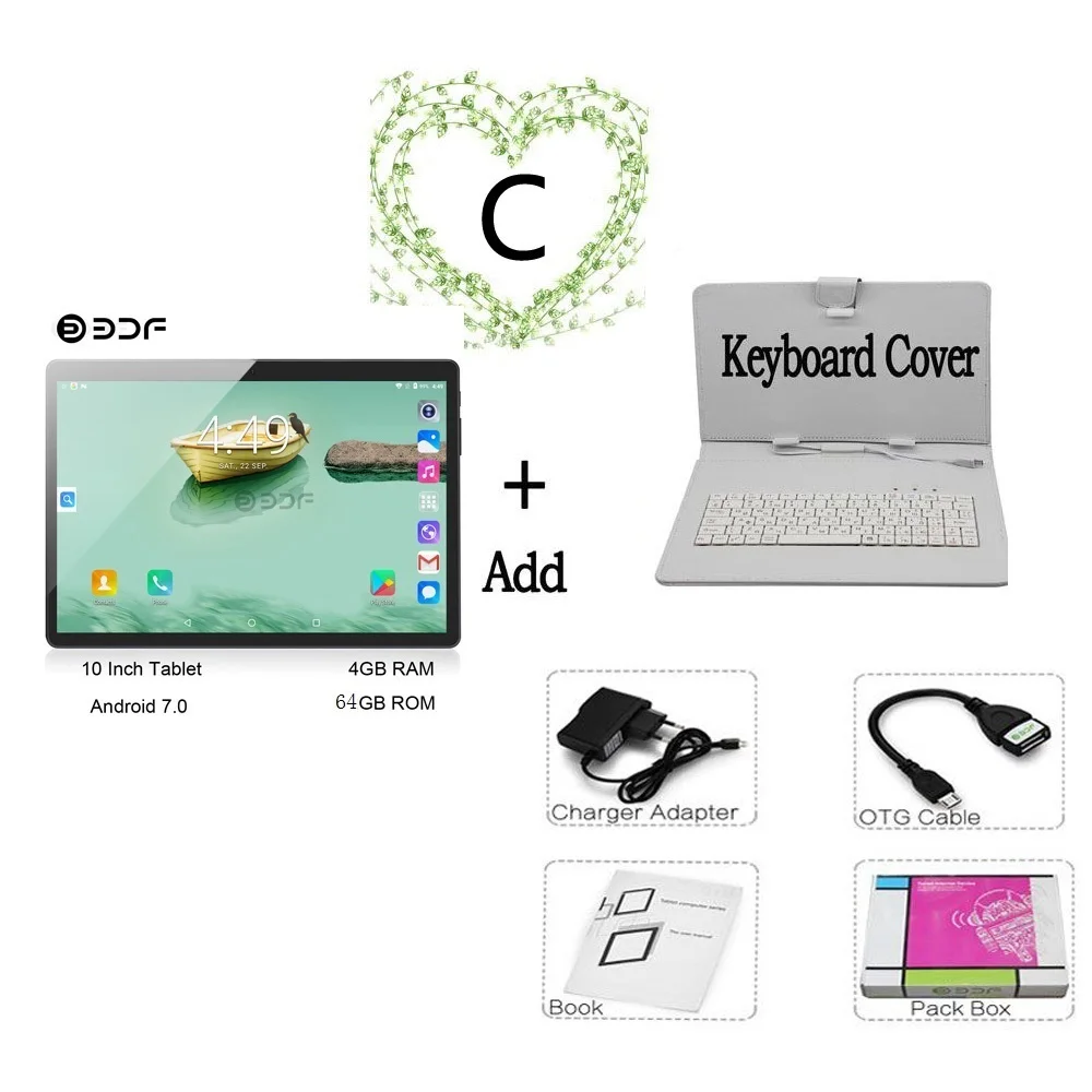 Add Keyboard Новинка, 10 дюймов, 4G LTE, планшетный ПК, четыре ядра, 4 Гб ОЗУ, 64 Гб ПЗУ, 1280*800, ips, закаленное стекло, 10,1, планшеты, Android 7,0, мобильный телефон - Комплект: Add Keyboard