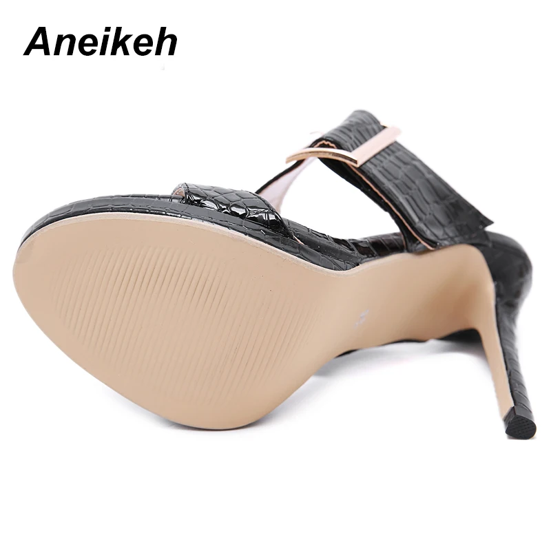 Aneikeh 2023 Classic PU Summer Slippers Women Slip-on Thin High Heel Round Toe Buckle Strap Shallow Party Black Solid Size 35-40