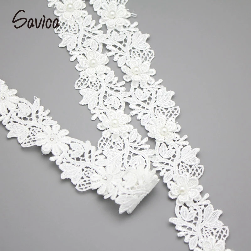 Savica 2y/lot 2cm Pearls Embroidery 3D Flowers Lace Dolls Dress Decor Applique Fabric White Trim Sewing DIY Materials LX191 | Дом и сад