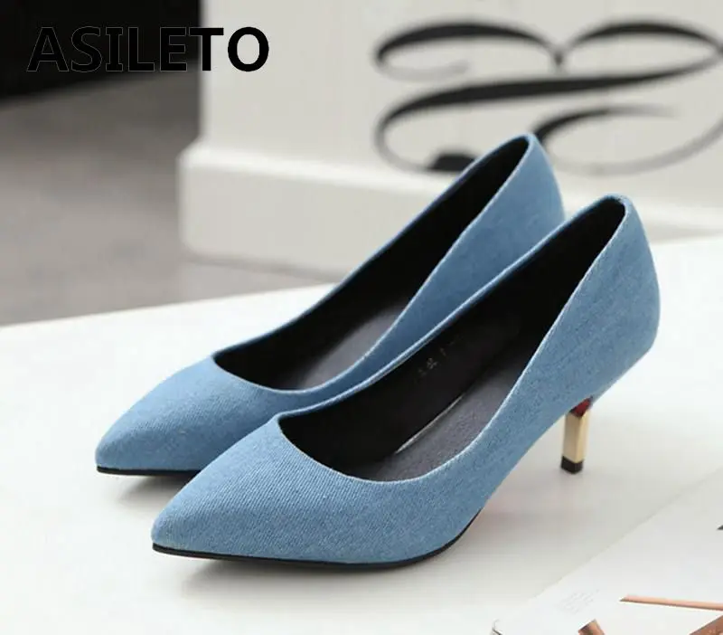 ASILETO brand Denim Women Pumps shoes High Heels Pointed toe blue jeans Party Lady Stilettos sapatos chaussures S304|stilettos mujer|pointed