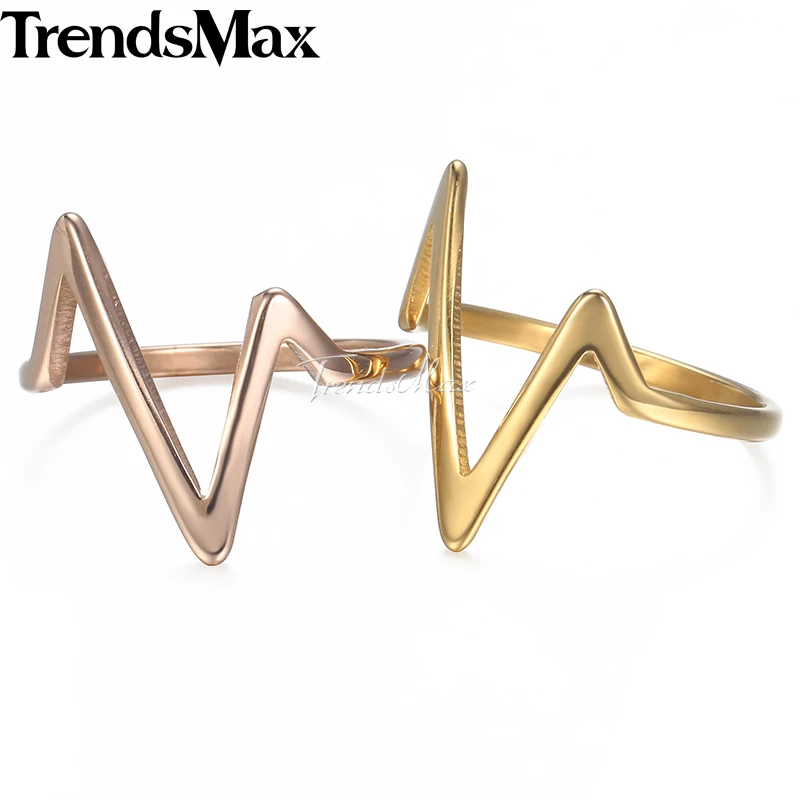 Trendsmax женское кольцо золото/розовое золото цвет нержавеющая сталь кардиограмма сердцебиение обручальное кольцо для пары Размер США 6-12 KKRM40