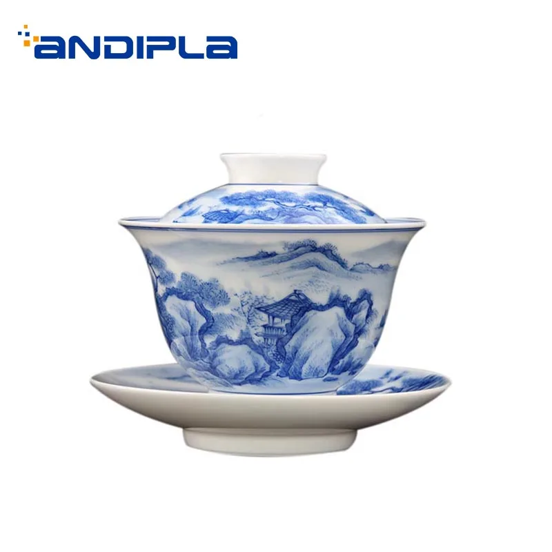 

170ml Noble Gaiwan Hand Painted Landscape Pattern Porcelain Tea Bowl Chinese Kung Fu Tea Set Drinkware Art Decoration Collection