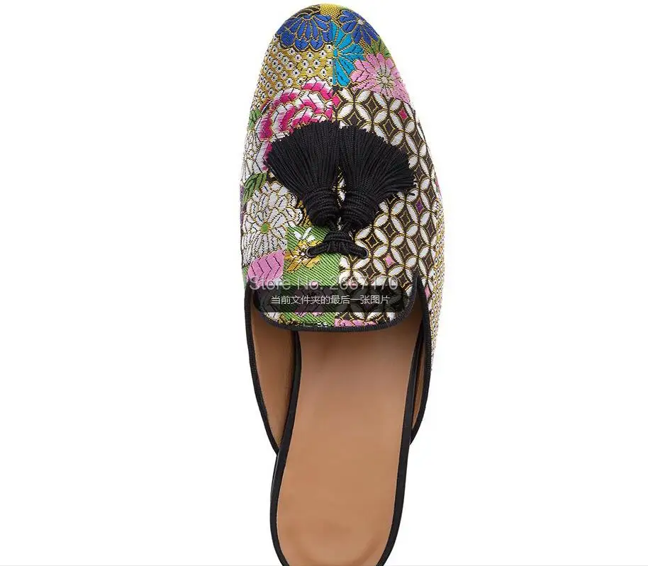 Men Mixed Color Floral Embroidered Fringe Half Slippers Slip on Mules Casual Shoes Flats Smoking | Обувь