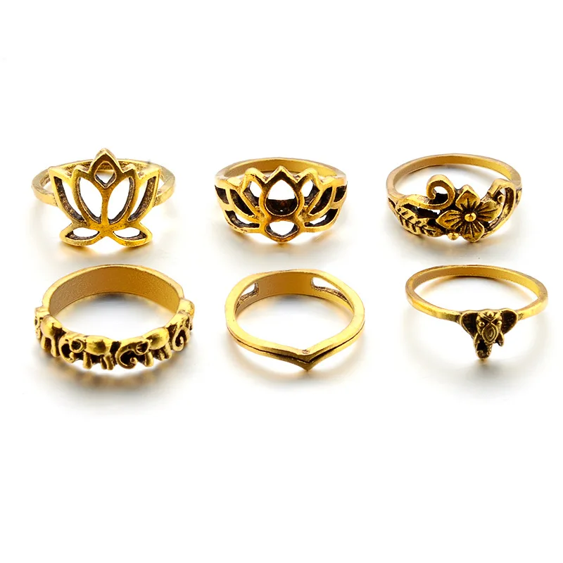 10pcs/set Vintage Rings for Women Antique Color Holow Lotus Flower Punk Elephant Knuckle Ring RT032 | Украшения и аксессуары