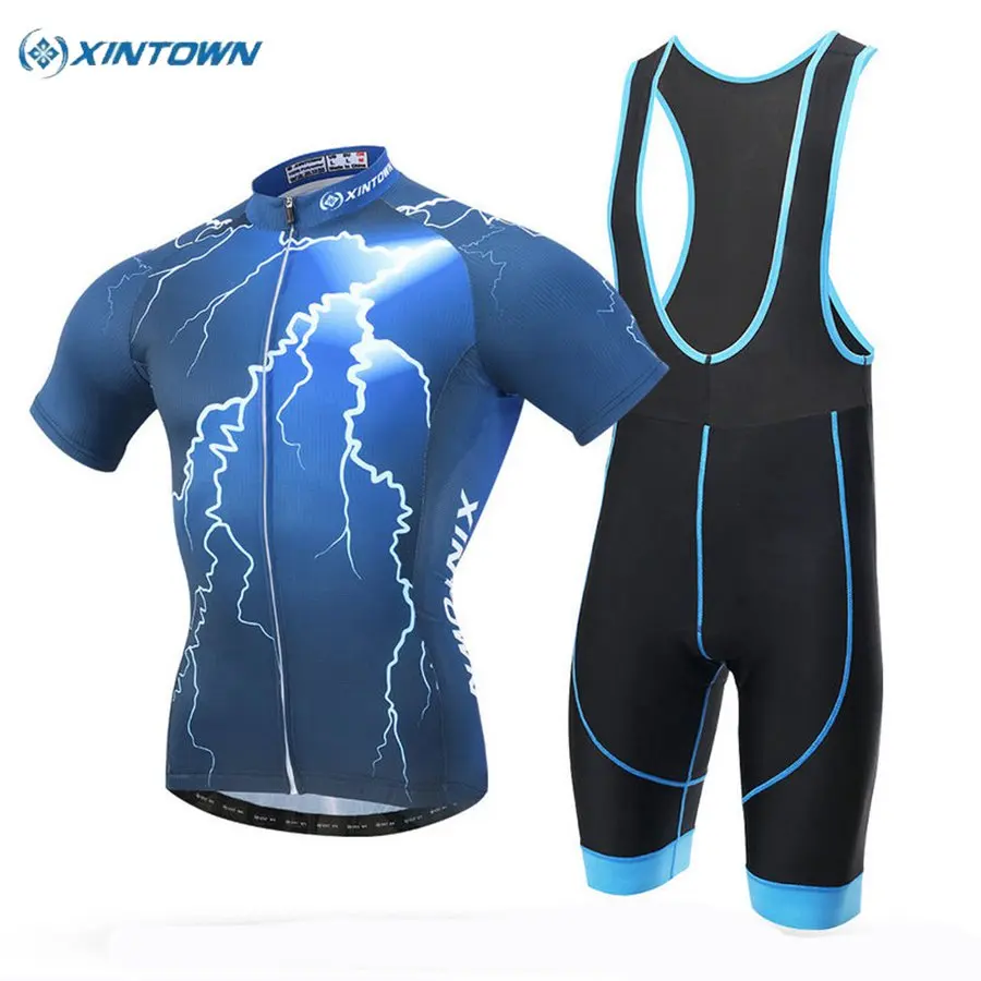 XINTOWN Men blue lightning Bike Team Cycling Jersey Sets Outdoor Roupa Ciclismo bicycle Clothing With Bib Shorts roupa | Спорт и