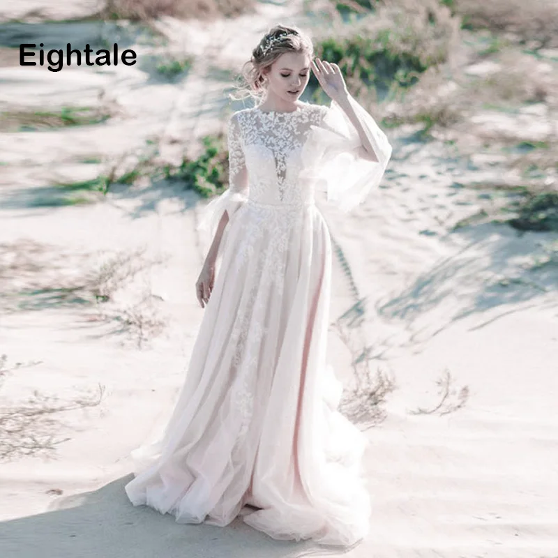 

Eightale Boho Wedding Dress with Sleeves 2019 O-Neck A-Line Dubai Wedding Gowns Tulle Appliques Lace Backless Beach Bridal Dress