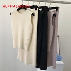 Женский вязаный жилет и брюки ALPHALMODA, без рукавов с боковыми пуговицами + широкие штаны, повседневный вязаный комплект из 2 предметов на лето 2019