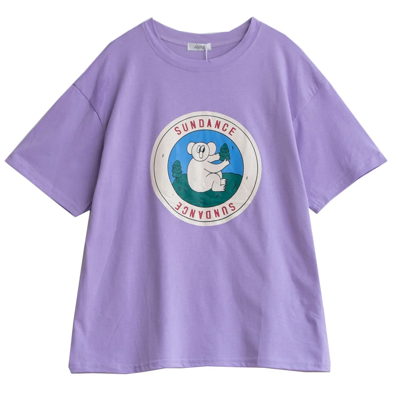 2019 Original Fashion Design Cartoon Koala Print Black Purple T-shirt Summer New Women's Cotton Round Neck Short-sleeved Shirt | Женская