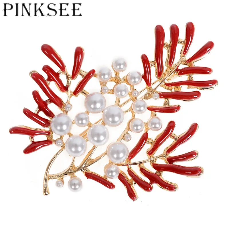 

PINKSEE Luxury Branch Plant Leaf Imitation Pearl Vintage Brooches for Women Charm Jewelry New Brooch Pins Best Gift