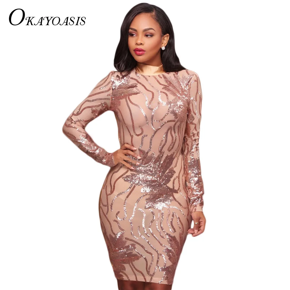 Платье женское Осеннее сексуальное с блестками розовое золото | Женская одежда