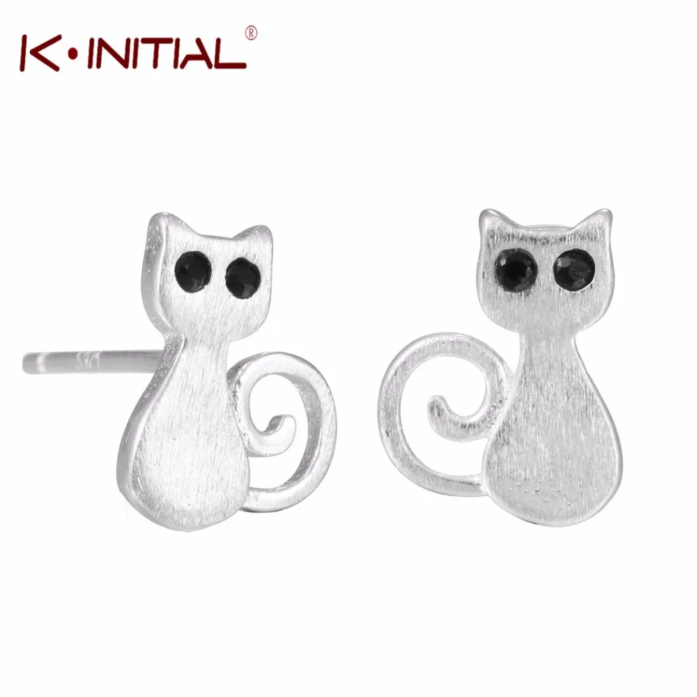 Kinitial Серебро 925 Симпатичные прекрасный кот серьги животного Kitty черный глаз Стад