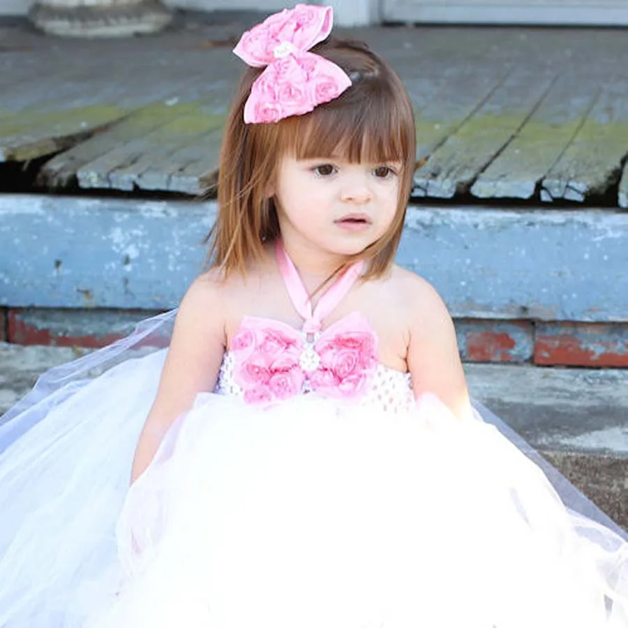 

Gorgeous Handmade Tutu Dress with Rosette Hair Clip Baby Girls Princess Wedding Party Tutu Gowns Children Fluffy Tutu TS091