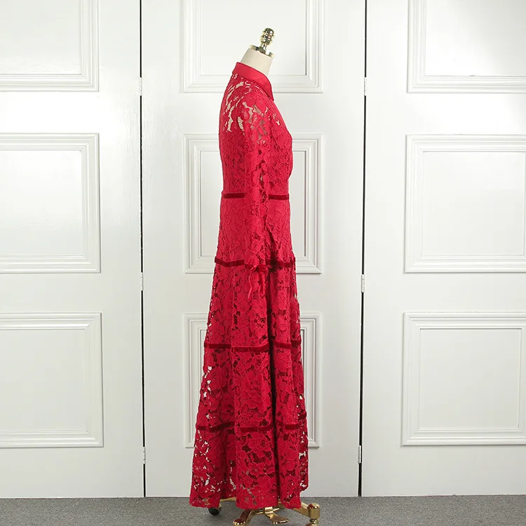 WREEIMA 2018 Весна отложной воротник женские красный цветок кружева длинное платье