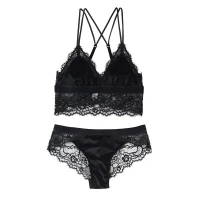 Сексуальный мусс ресницы кружева бархат без обода Bralette нижнее белье дамы бюстгальтер набор тонкий сексуальный фиолетовый черный синий бюстгальтеры - Цвет: Черный