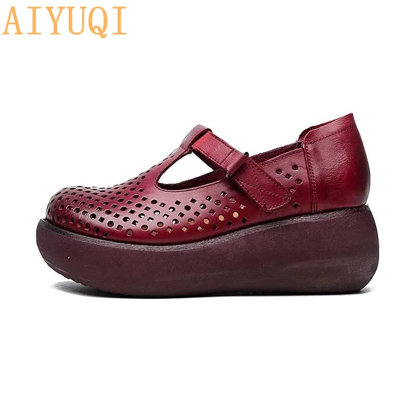 AIYUQI; женские босоножки на платформе; обувь на танкетке; Новинка года; женские сандалии из натуральной кожи на толстой подошве в винтажном стиле; женские сандалии на плоской подошве; повседневная обувь
