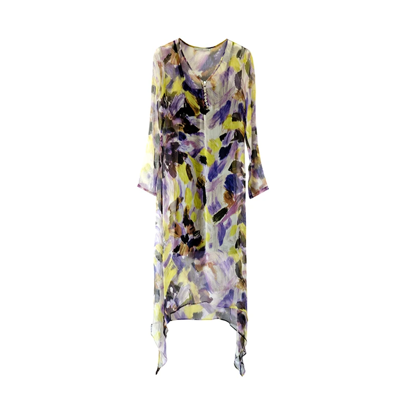 Женское платье из натурального шелка с принтом свободное цельное 2017 тутового