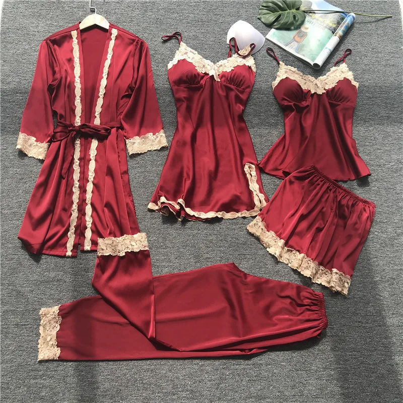 Women Sexy Lace Sleepwear 5pcs Sleep Lounge Set Faux Silk Pyjamas Femme Night Dress + Bathrobe Nightwear Clothing Suit | Женская одежда