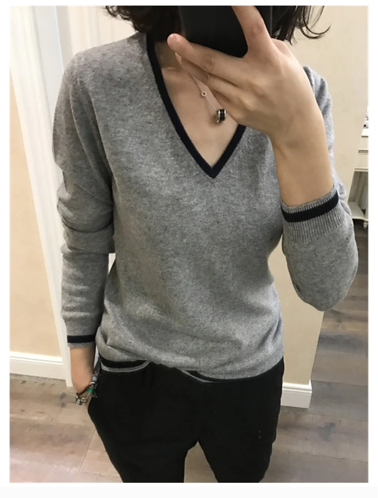 High Quality Cashmere Sweater Women Autumn Pullover Solid Knitted V-neck Outerwear Tops Female Fashion S03 | Женская одежда
