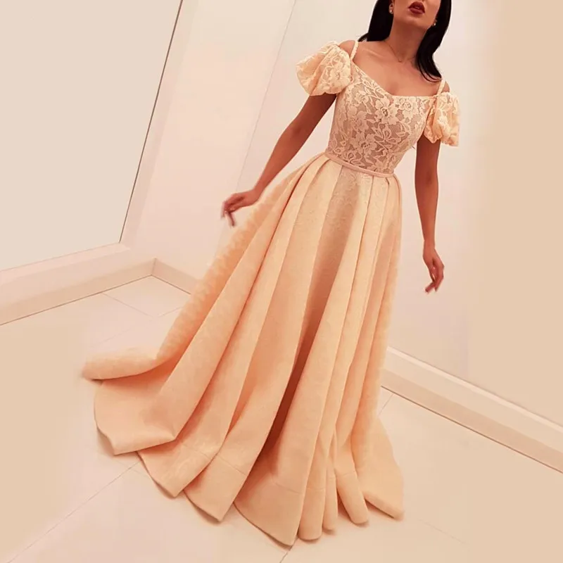 

Peach Muslim Evening Dresses Grace A-line Cap Sleeves V-neck Lace Islamic Dubai Saudi Arabic Long Formal Evening Gown Prom Dress