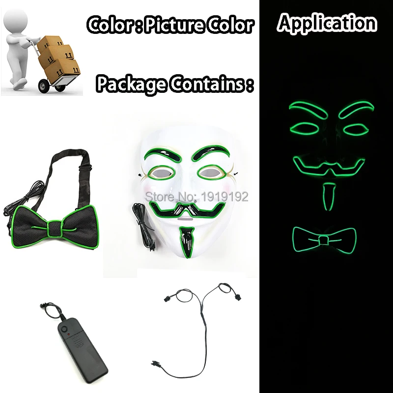Creative Glow Party Supplies Set V for Vendetta Mask + EL Tie Bow Scary Halloween led Nightclub DJ Decoration | Дом и сад