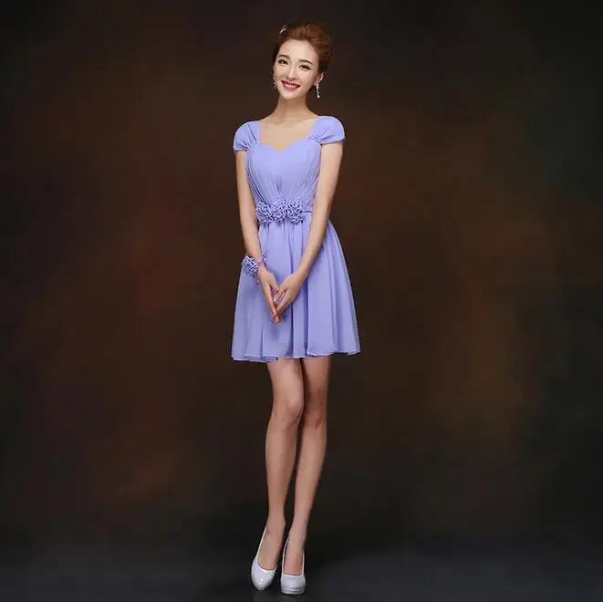 Летние короткие фиолетовые платья подружки невесты без рукавов с вырезом