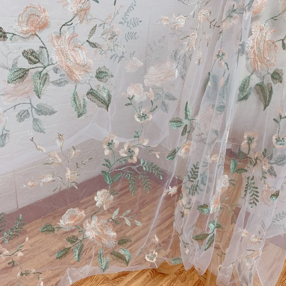 Новинка 2019 зеленый телесный Белый Тюль с элегантной цветочной вышивкой