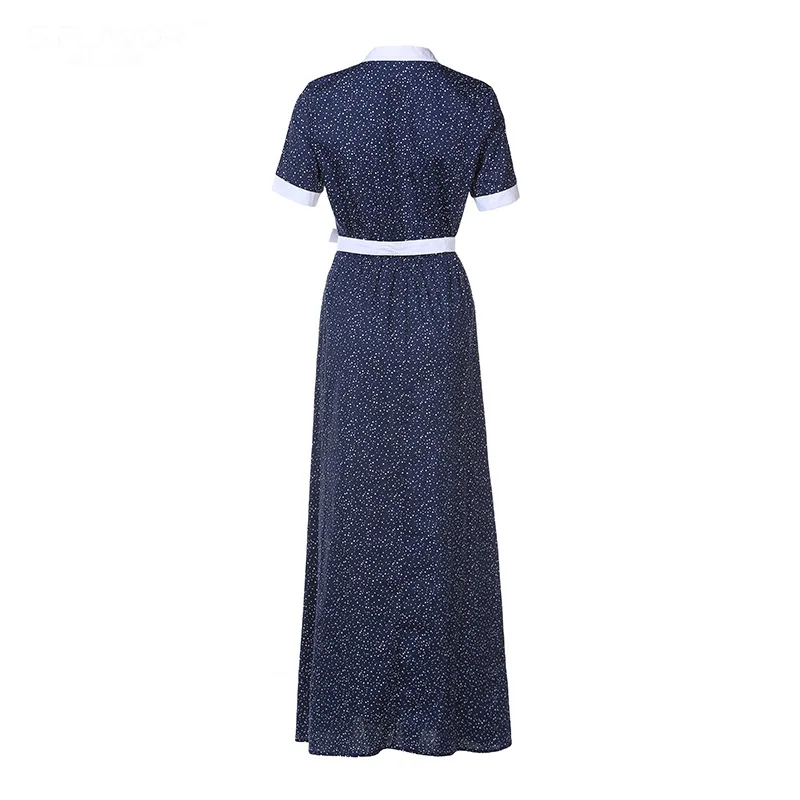 2018 Новый лето-осень v-образным вырезом хлопок длинное платье в горошек с коротким