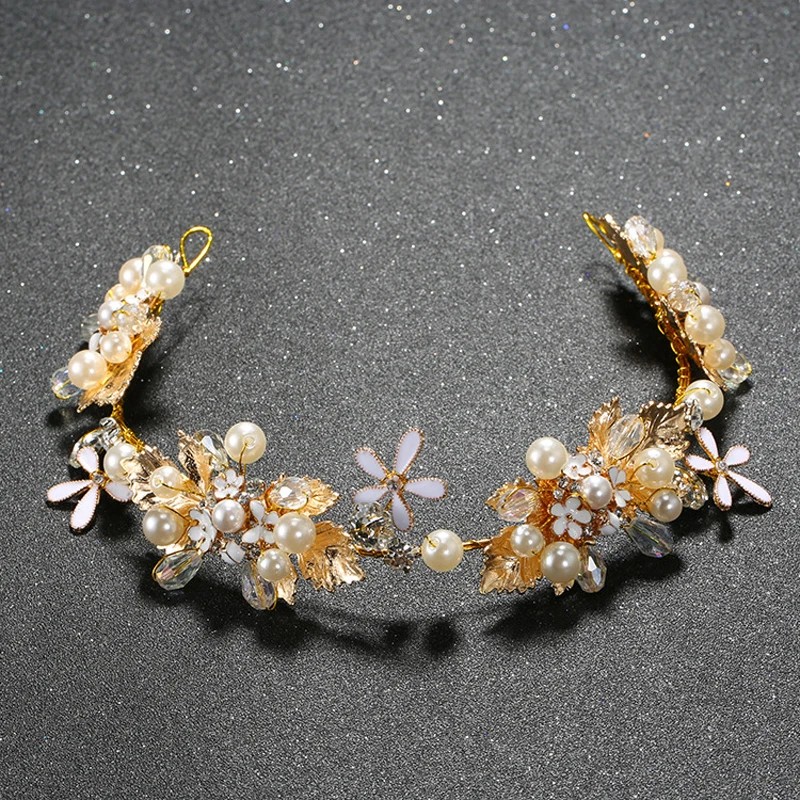 

Shiny Crystal Pearl Bridal Headband Hair Jewelry Gold Color Wedding Tiara Hairbands Bride Hair Accessories Flower Girl Hairwear
