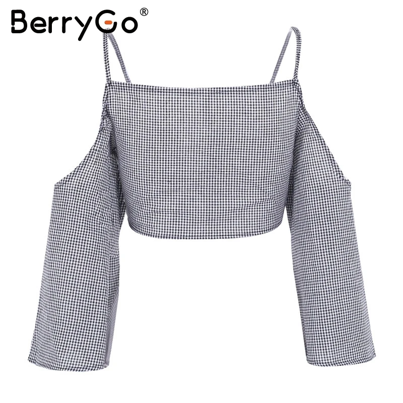 Berrygo сексуальный лук рукав фонарик блузка Femme Модные V шеи плед рубашка Женщины