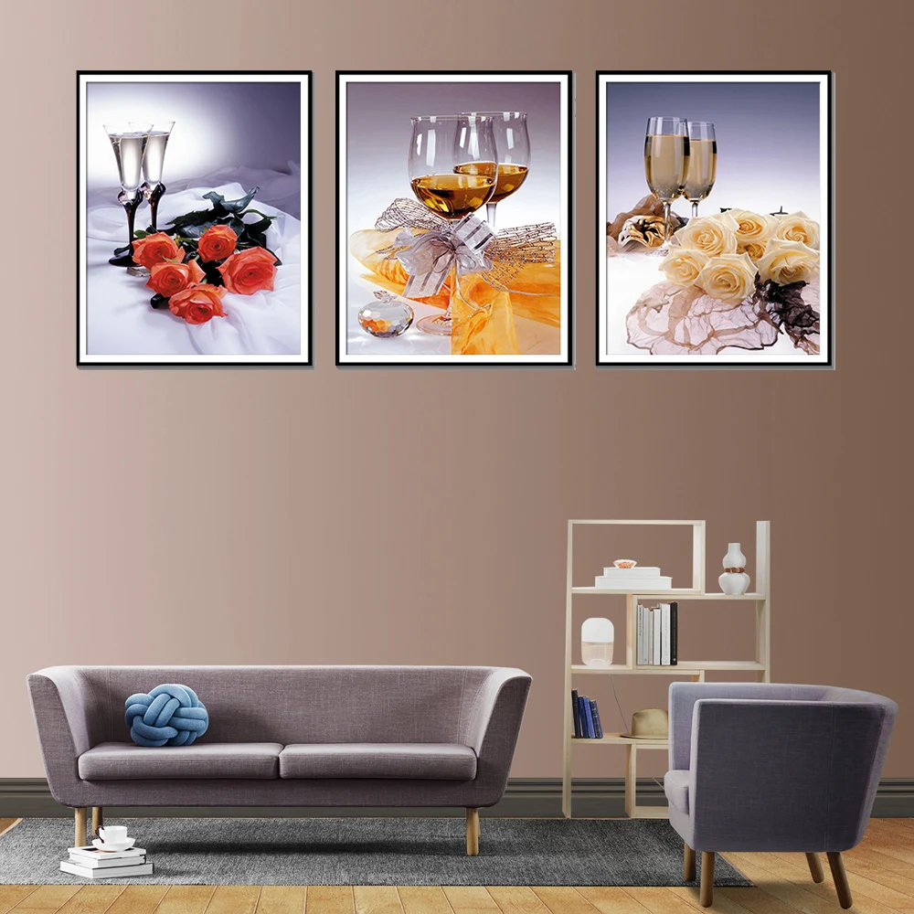 Три wall art печатные изображения hd стеклянный стакан для полоскания рта вино холст