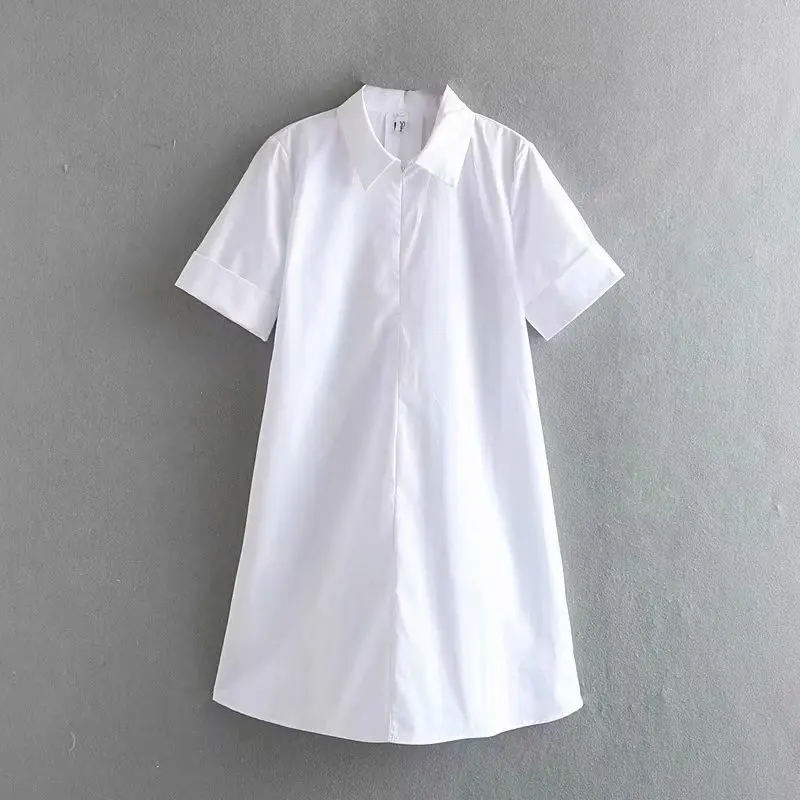 2019 для женщин мода сплошной цвет короткий рукав рубашка платье отложной воротник