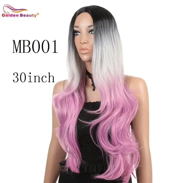 black-grey-pink Длинные волнистые волосы, черный и розовый парик для женщин, косплей костюм, синтетические волосы, укоренившиеся, Без взрыва, средняя часть 30 дюймов, Золотая красота - Цвет: black-grey-pink