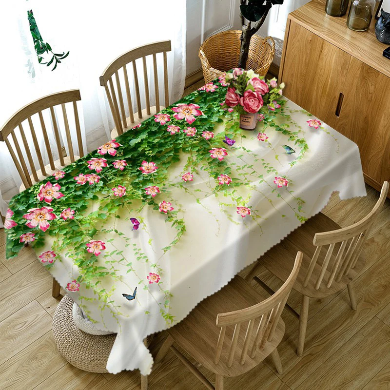 

High Quality 3d Round Tablecloth Green Cane Vine Flower Pattern Washable Dustproof Thicken Cotton Rectangular Table Cloth