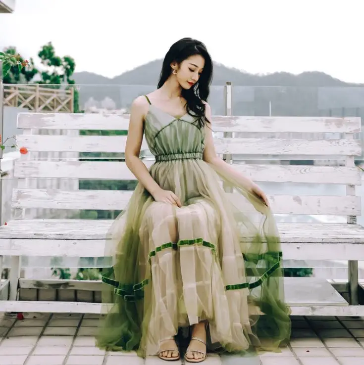 Сексуальное Сетчатое длинное платье на бретельках с V образным вырезом