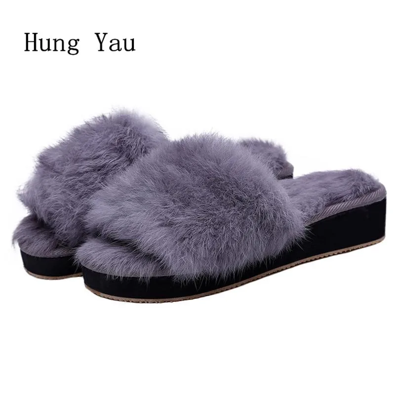 Женские шлепанцы 2018 зимняя теплая обувь из натурального меха женские тапочки