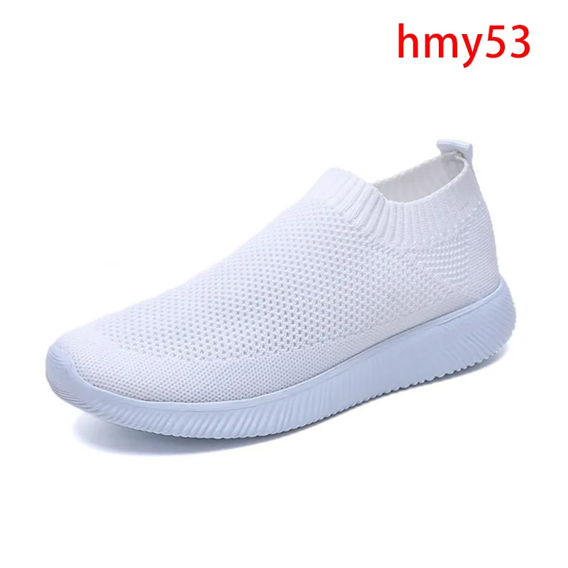 hmy53-white Модные кроссовки для женщин; трикотажные вулканизированные туфли на плоской подошве; обувь без застежки; женская обувь; zapatos mujer - Цвет: hmy53-white