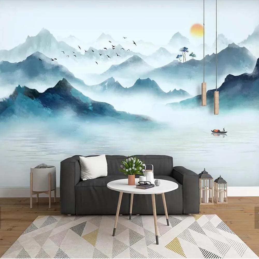 Настенные 3D-обои в китайском стиле живопись с изображением гор и воды для