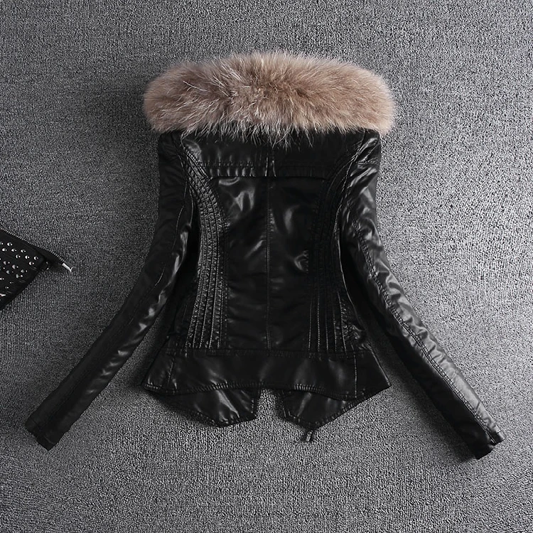 Демисезонное меховое пальто кожаное женская черная облегающая короткая