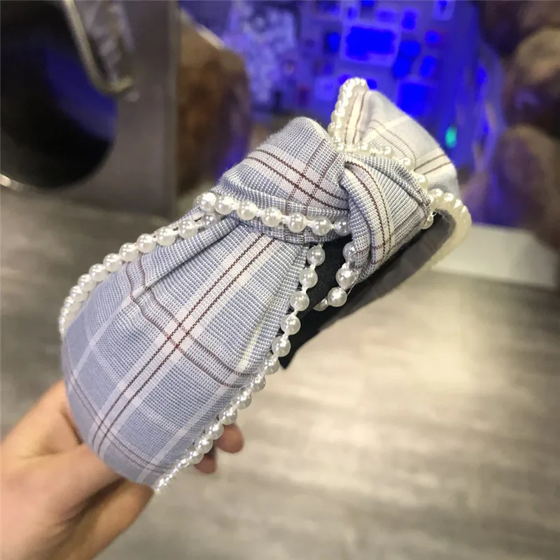 

2019 Bezel Women Girls Plaid Pearls Fashion Headband Hair Accessories Female Elegant Sweet Cross Korean Style Hair Wrap Hairband